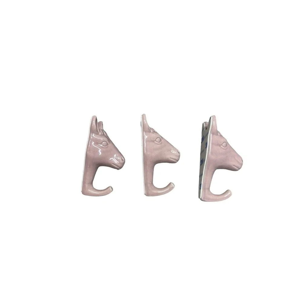 Set Of Three Horse Head Pink Wall Hooks